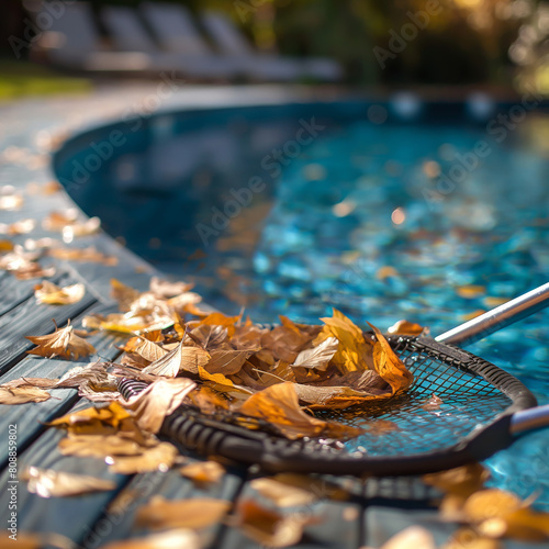 Image of cleaning fallen leaves in a swimming pool Netting full of leaves, swimming pool care photo