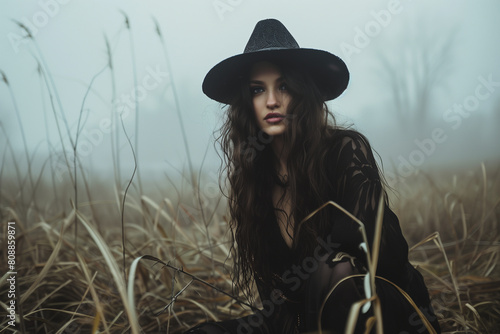 Beautyful young model in stylized outfit with hat, outdoor portrait in mist © Visual Craft