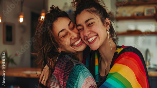 Happy lesbian lgbtq couple in love cuddling, laughing, whispering on ear having fun standing at home. Two stylish cool diverse pretty affectionate women hugging, bonding. Lgbt relationship concept Sto photo