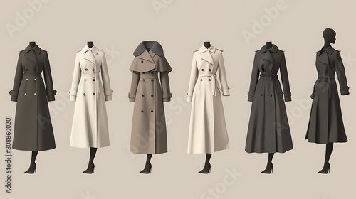 Lineup of classic trench coats and sophisticated midi dresses, embodying timeless style