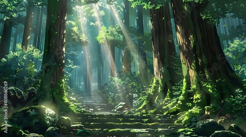 Serene Anime Forest: Sunlit Trees, Flowing Water, Tranquil Nature Illustration