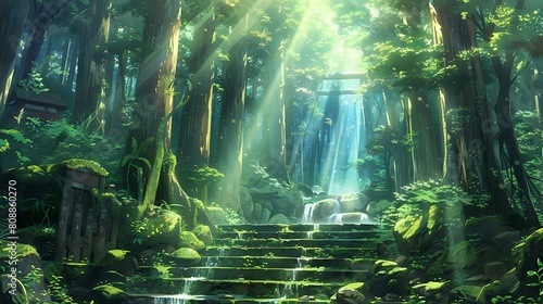 Ancient Forest Illustration  Anime Style  Sunlit Trees  Flowing Water  Serene