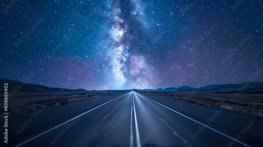 Eight-Lane Road Vanishing into Distance: Split Image with Starry Night Sky.