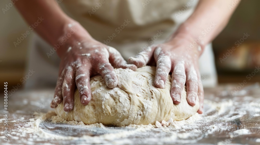 Closeup chef hand kneading and making traditional bread dough pastry. Generated AI image