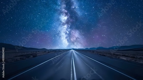 Eight-Lane Road Vanishing into Distance: Split Image with Starry Night Sky.