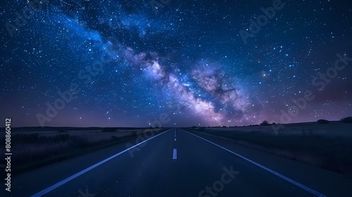 Road into Distance: Eight Lanes, Split Image with Starry Night Sky.