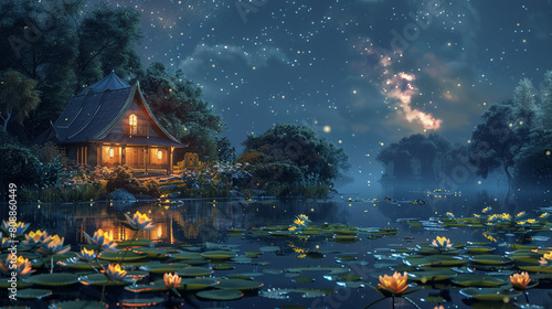 A frog opera house nestled among lily pads, where amphibian tenors serenade under moonlit skies.  photo