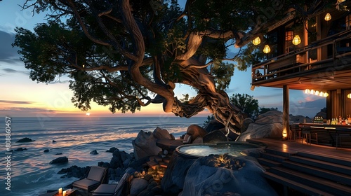 High-quality photograph of treehouse bar overlooking ocean waves, warm lighting.