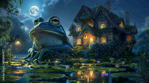 A frog opera house nestled among lily pads, where amphibian tenors serenade under moonlit skies.  photo