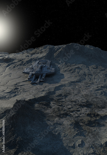 Abandoned Derelict Large Spaceship Gunship on an Alien Moon, 3d digitally rendered science fiction illustration