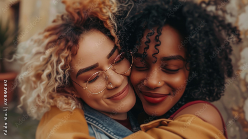 Fototapeta premium Happy multiracial girlfriends in love embracing and cuddling - Lesbian couple, millennials women, girls in London living happy lifestyle - LGBTQ concept with mixed race beautiful couple Stock Photo ph