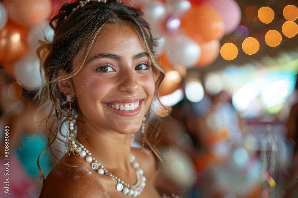 Smiling girl at a party surrounded by colorful balloons and festive lights Smiling girl at a party surrounded by colorful balloons and festive lights
