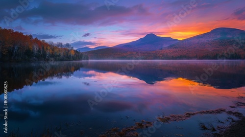 In the serene embrace of a mountainous landscape  a tranquil lake reflects the vibrant colors of dawn  creating a peaceful and picturesque scene. 