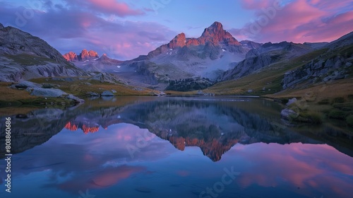 In the serene embrace of a mountainous landscape, a tranquil lake reflects the vibrant colors of dawn, creating a peaceful and picturesque scene. 