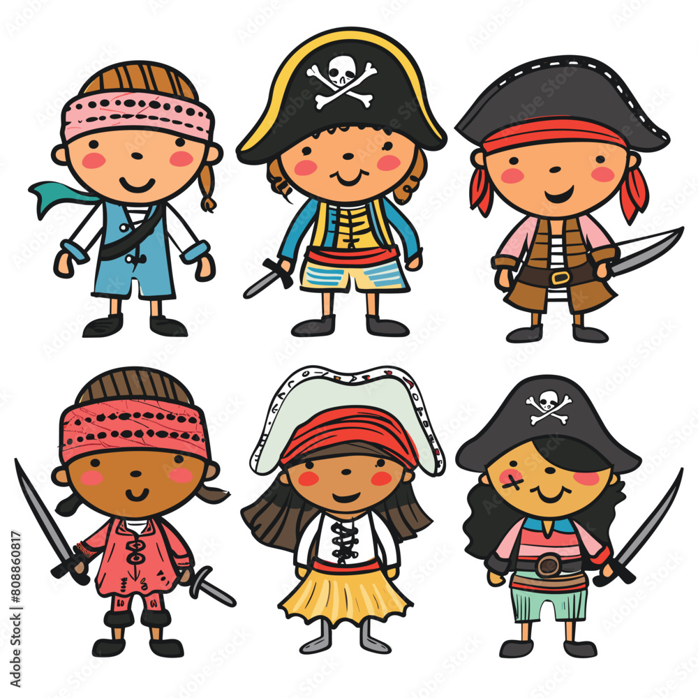 Six cartoon pirate kids wearing various pirate costumes holding swords, looking playful, ready adventure. Illustrated children smiling, diverse ethnicities represented attire. Happy, cute, young Six cartoon pirate kids wearing various pirate costumes holding swords, looking playful, ready adventure. Illustrated children smiling, diverse ethnicities represented attire. Happy, cute, young