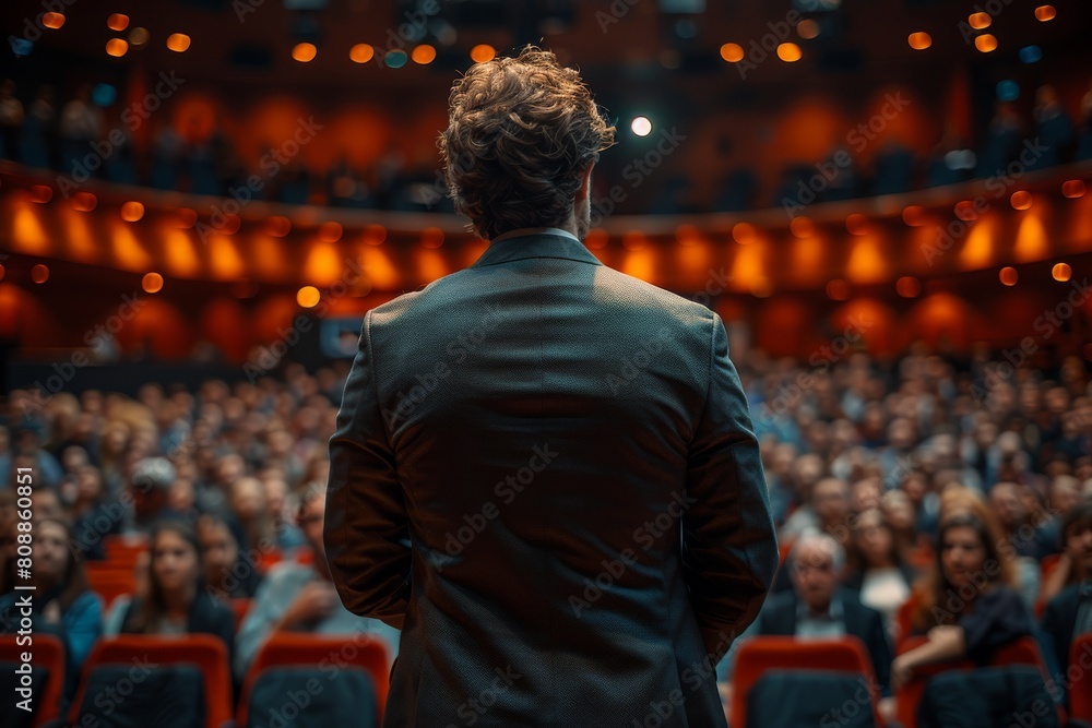 A man in a suit speaks before an audience in a theater setting, emphasizing public speaking and leadership A man in a suit speaks before an audience in a theater setting, emphasizing public speaking and leadership