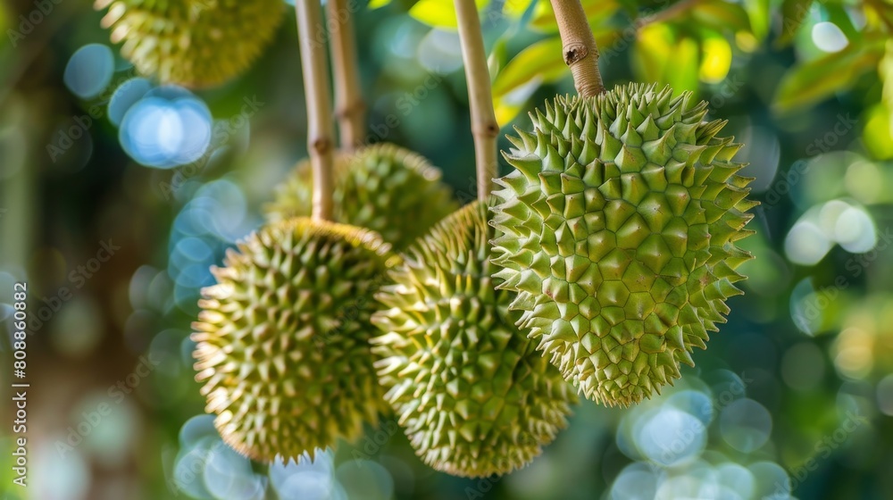 a bunch of green durians hanging from a tree. a bunch of green durians hanging from a tree.