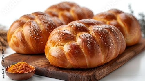 Image shows freshly baked challah bread on a wooden cutting board. The challah is braided and topped with sesame seeds. photo