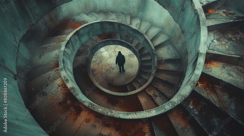 Man waiting down the spiral formed stairs. Man waiting down the spiral formed stairs.