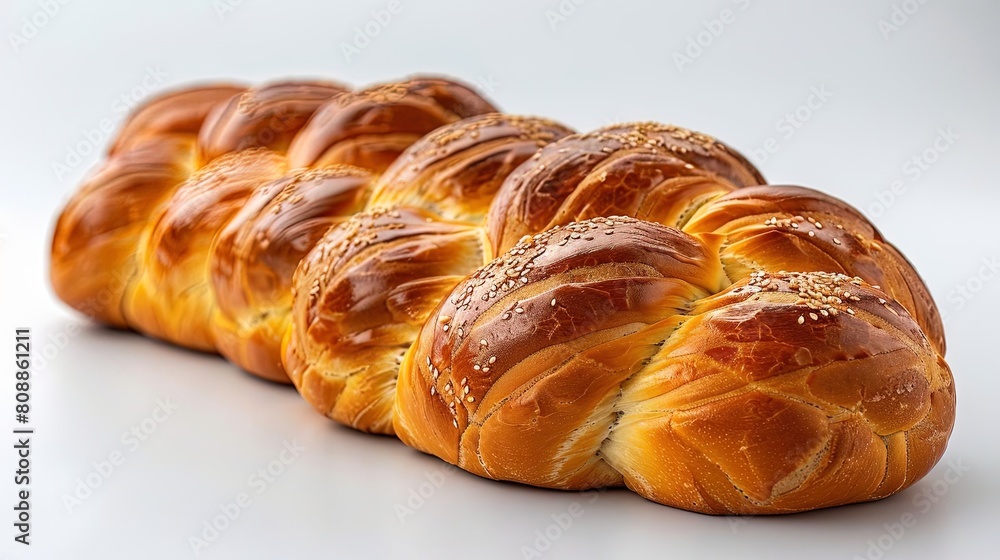 A beautiful braided loaf of challah bread, topped with sesame seeds. The perfect centerpiece for any Shabbat or holiday table.