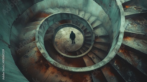 Man waiting down the spiral formed stairs.