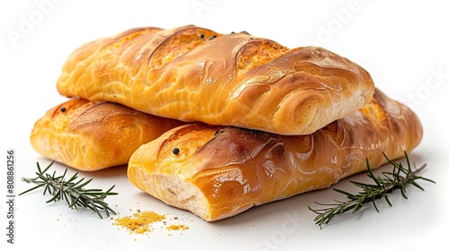 A close-up image of a variety of breads, including a baguette, ciabatta, and sourdough. The breads are arranged on a white surface and garnished with fresh rosemary. photo