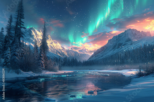 Frozen river with crystalline ice formations and northern lights, create a serene and magical scene photo