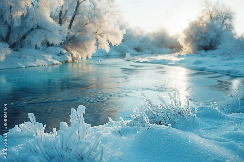 Frozen river with crystalline ice formations, create a serene and peaceful scene