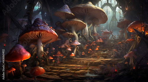 A fantasy scene of agaricus mushrooms in a dragon's lair, with treasures and ancient artifacts scattered around. photo
