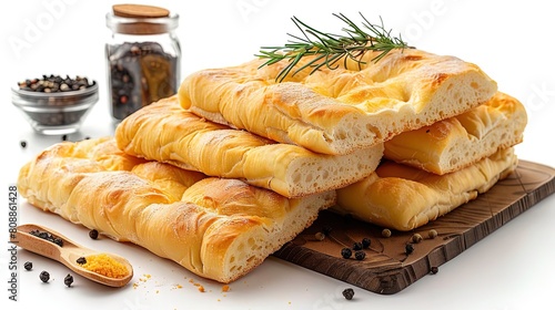 Image shows a wooden cutting board with a stack of four pieces of focaccia bread photo