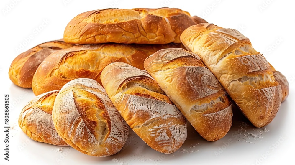 A variety of freshly baked breads, including baguettes, ciabatta, and sourdough. The breads are arranged on a white surface. A variety of freshly baked breads, including baguettes, ciabatta, and sourdough. The breads are arranged on a white surface.