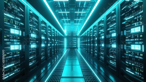 Shot of Data Center With Multiple Rows of Fully Operational Server Racks. Modern Telecommunications, Artificial Intelligence, Supercomputer