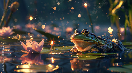 A tranquil pond transforms into a froggy masquerade ball, as amphibians don dapper attire and dance under starlight. 