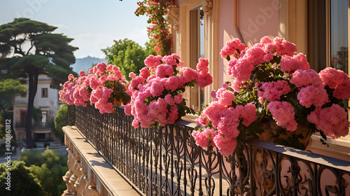 A flower-filled balcony with wrought iron railings. photo