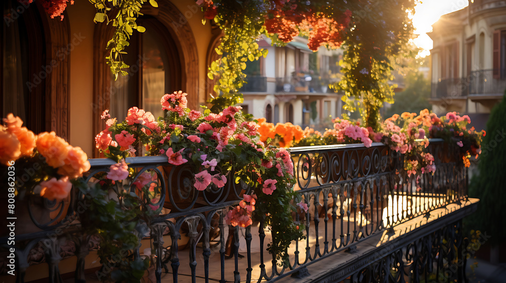 A flower-filled balcony with wrought iron railings.