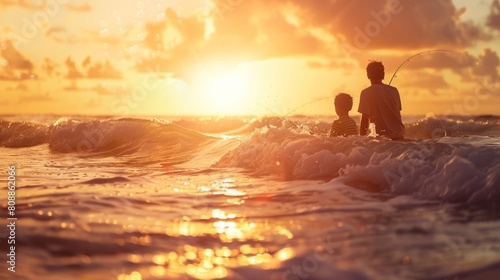 Silhouette happy family a father and son doing fishing in ocean at sunset view. Generated AI image