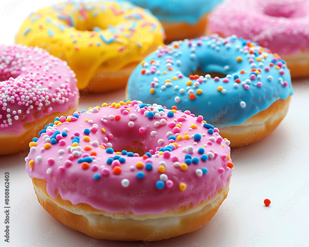 Close-up of multi-colored frosted donuts with sprinkles, highlighting texture and bright colors against a stark white backdrop Close-up of multi-colored frosted donuts with sprinkles, highlighting texture and bright colors against a stark white backdrop