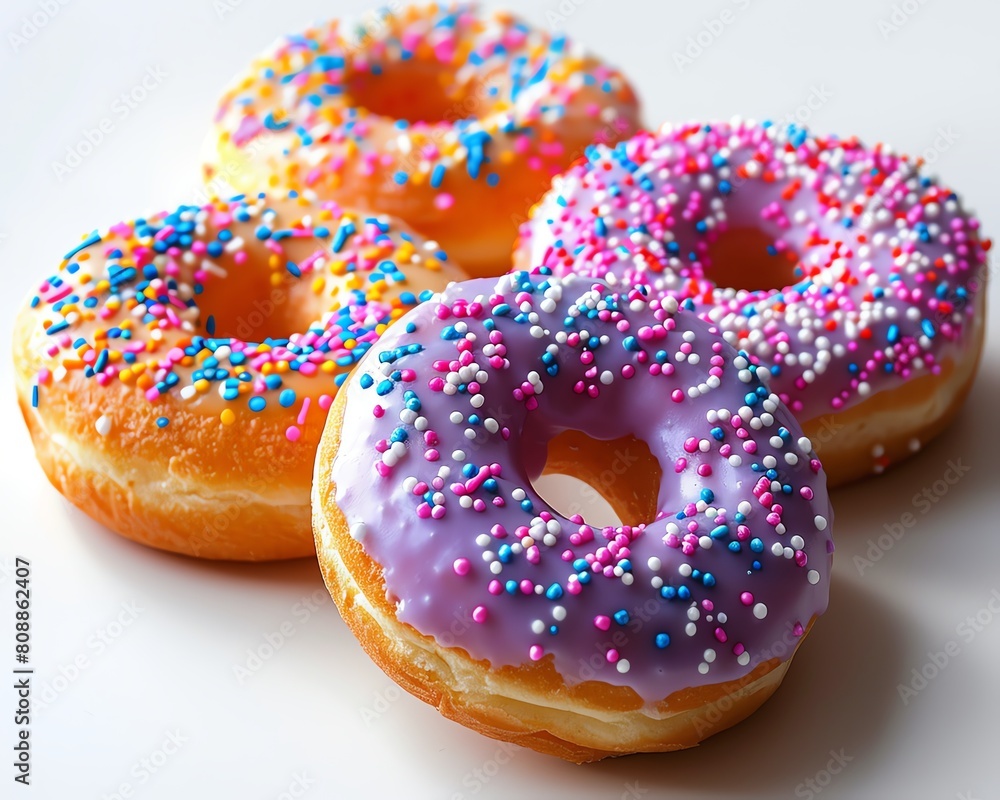 Close-up of multi-colored frosted donuts with sprinkles, highlighting texture and bright colors against a stark white backdrop Close-up of multi-colored frosted donuts with sprinkles, highlighting texture and bright colors against a stark white backdrop