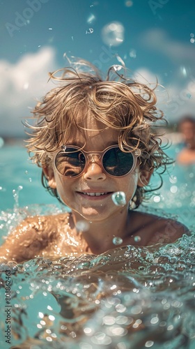 A lively boy, donning sunglasses, gleefully swimming in the sea. Capture the carefree spirit of summertime fun and adventure