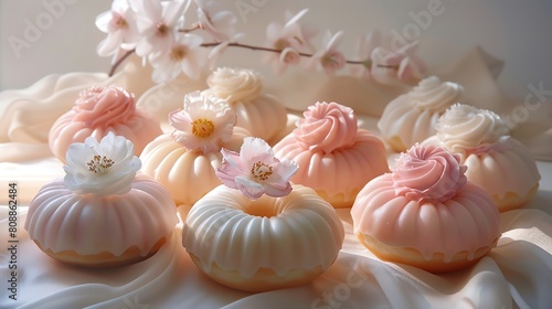 Elegant display of donuts with pastel-colored toppings  arranged artistically  soft lighting  isolated over white