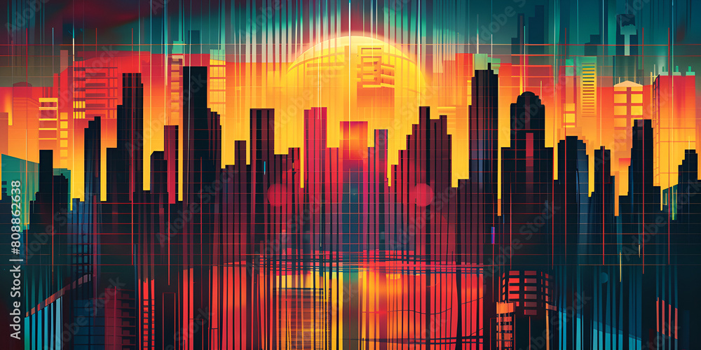 A vibrant, pixelated urban skyline against a sunset backdrop, geometric shapes cityscape, colorful pixel-like blocks, abstract city at dusk, futuristic and tech-inspired theme. Gen AI