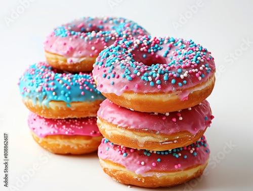 Stack of assorted donuts with vivid pink and blue frostings, cheerful and tempting, set against a clean white background