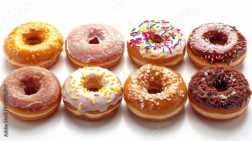 Row of freshly glazed donuts, bright and tempting, each with different toppings, on a pristine white surface