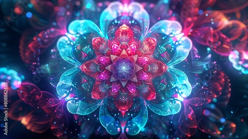 A glowing neon mandala art piece, with electric blues and pinks forming an abstract, digital pattern against a dark backdrop