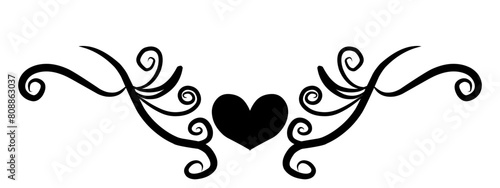 vector black Vintage element with a thin line. Monogram with a heart, dots and swirl for decoration of festive products, web, menus, labels for Valentine's day, birthday, mother's day, the 8 March