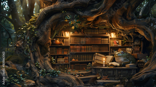 Froggy scholars gather in a library carved within a hollowed-out tree, immersed in ancient croak-mented tomes.  © iqra