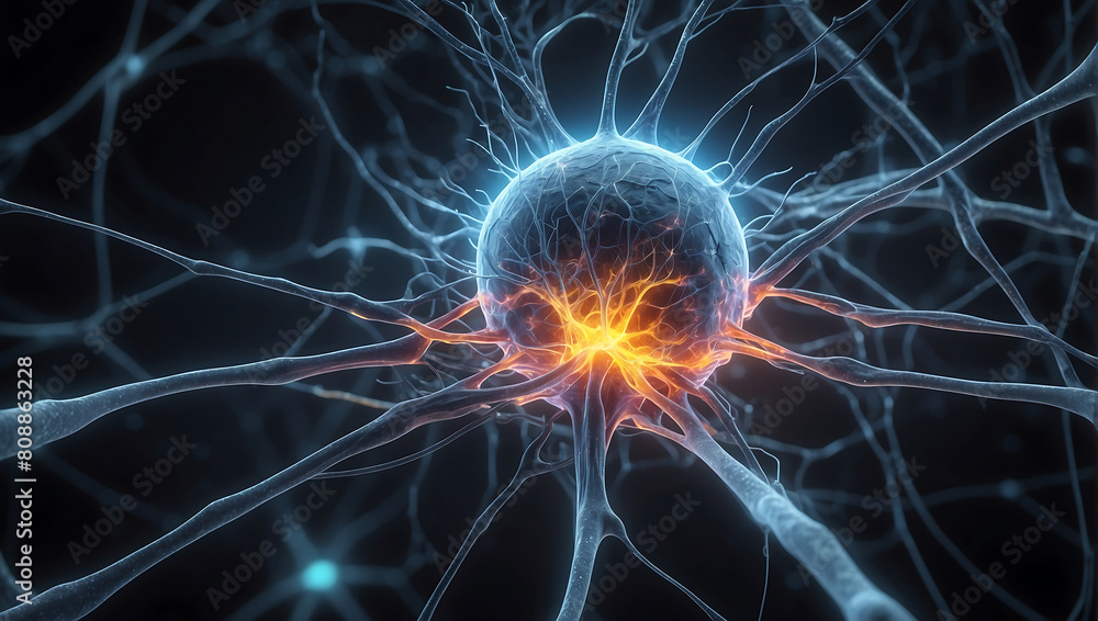A close up of a ball of nerve cell network with neon orange glow light and explaining neuroscience on a dark black blur background A close up of a ball of nerve cell network with neon orange glow light and explaining neuroscience on a dark black blur background