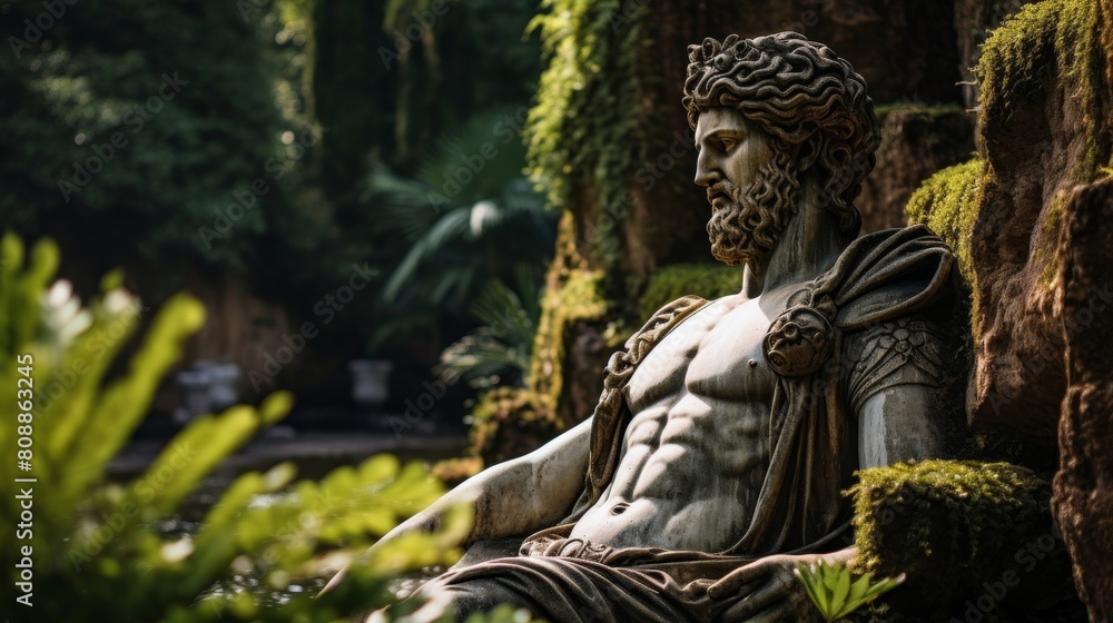 Roman Emperor immersed in contemplation in tranquil garden Roman Emperor immersed in contemplation in tranquil garden