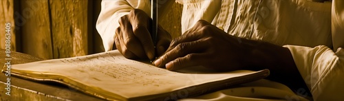 Close-up African American man hands writing open journal sitting wooden desk