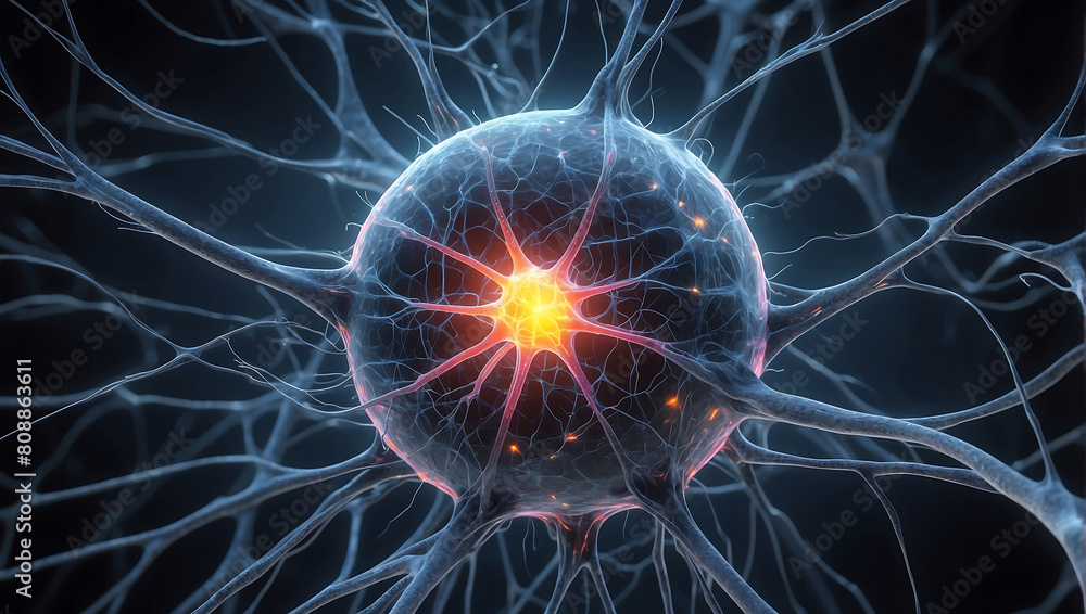 A close up of a ball of nerve cell network with neon orange glow light and explaining neuroscience on a dark black blur background A close up of a ball of nerve cell network with neon orange glow light and explaining neuroscience on a dark black blur background